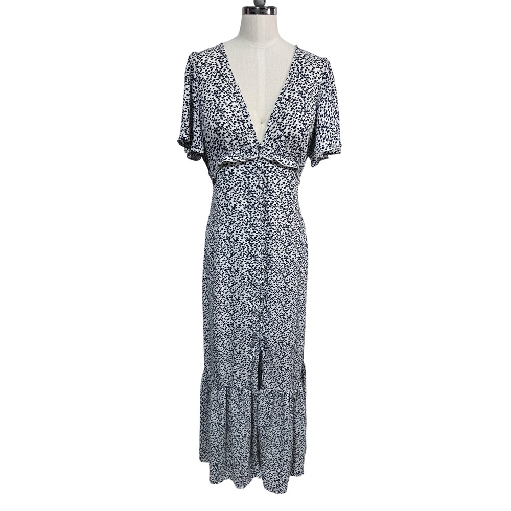 Forever 21 White Black Dotted Print‎ Flutter Button Front V-Neck Maxi Dress Sz M